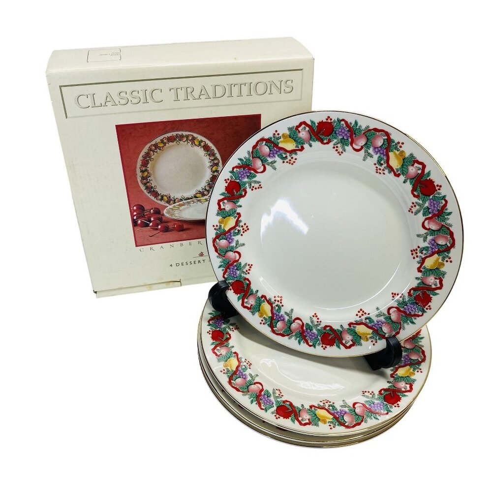 Classic Traditions Cranberry Holi-Dazzle Dessert Plates Set of 4 Fine China 7.5